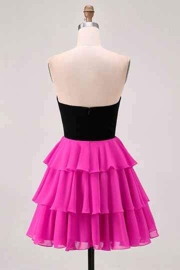 Black Fuchsia Strapless Tiered Cut Out A Line Homecoming Dress